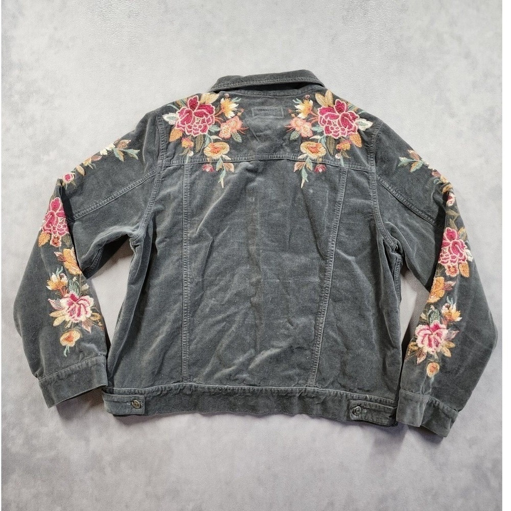 Johnny Was Workshop Corduroy Floral Embroidered Trucker Jacket Womens L Gray - Picture 5 of 14
